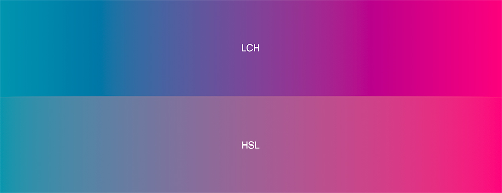 Полоса градиента от синего к розовому в LCH и HSL