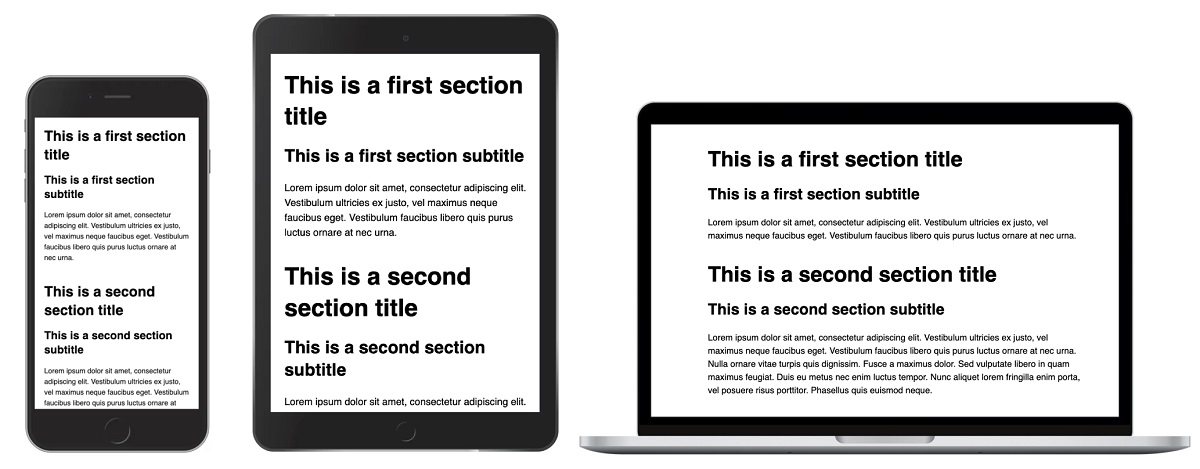 Пример типографики на трех разных устройствах с разными размерами экрана