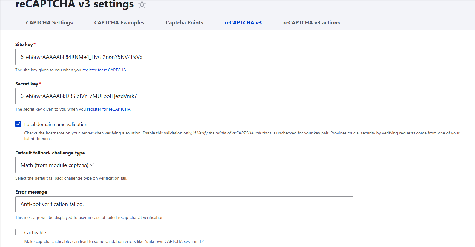 Ввод ключа сайта и секретного ключа от v3 на вашем сайте Drupal