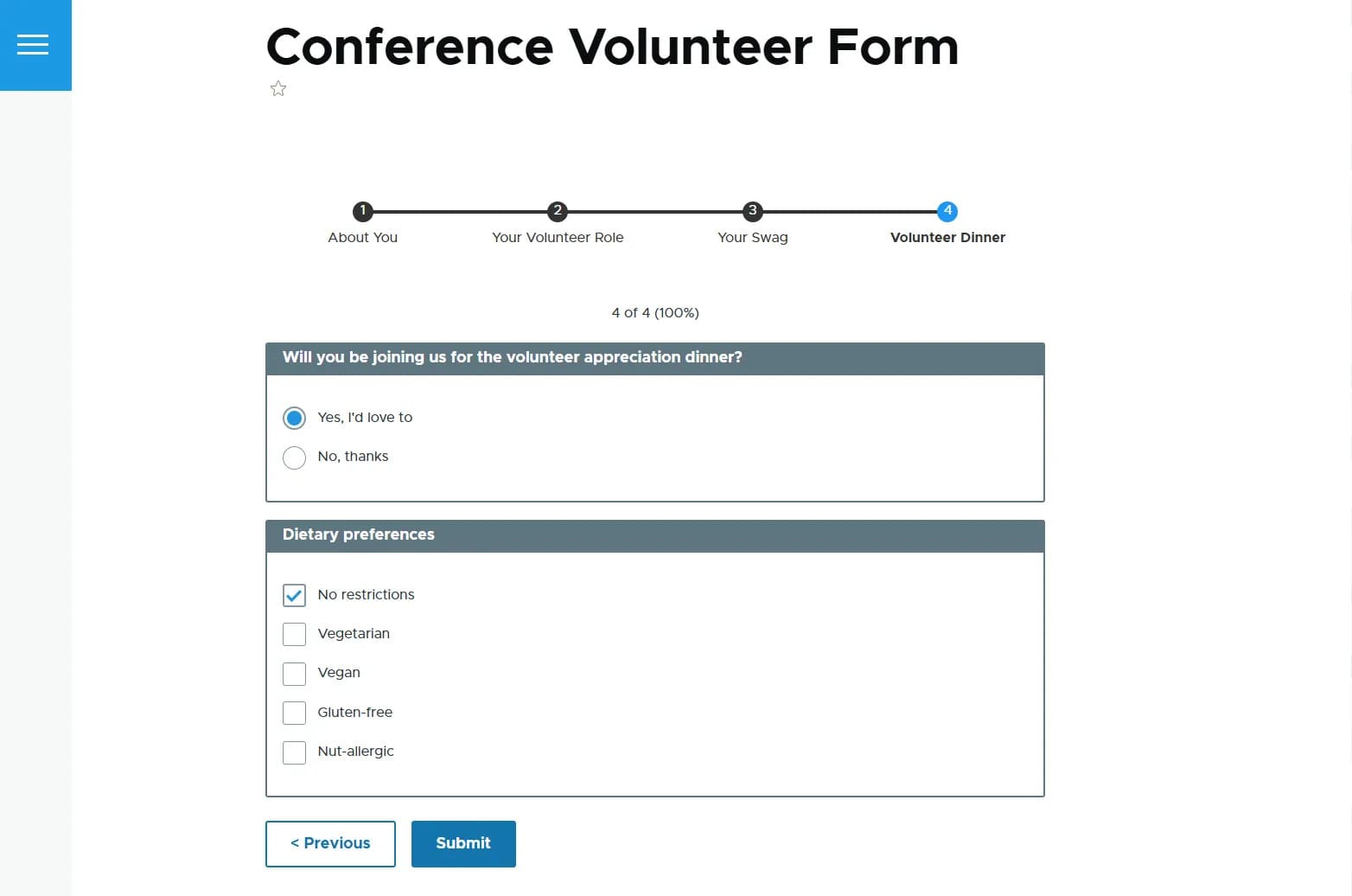 Пример условной логики в модуле Webform в Drupal: предпочтения в еде отображаются только тем пользователям, которые решили посетить ужин Пример условной логики в модуле Webform в Drupal: предпочтения в еде отображаются только тем пользователям, которые решили посетить ужин