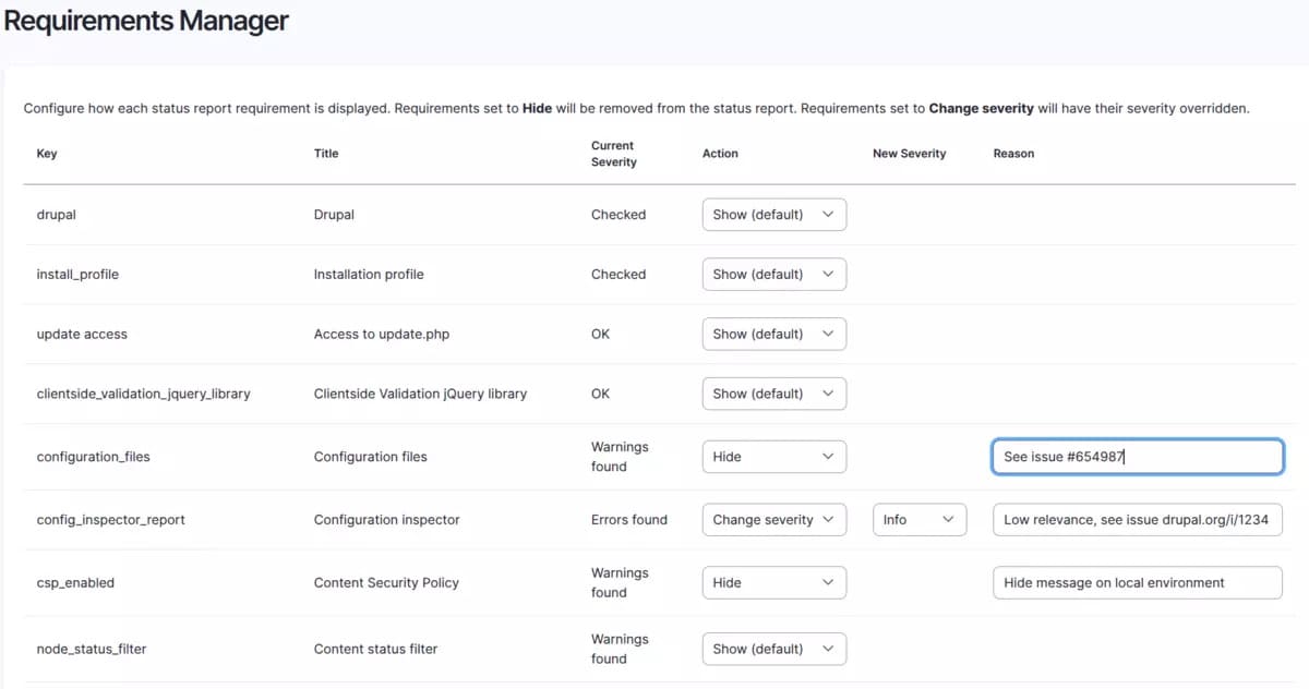 Панель управления модуля Requirements Manager со списком настраиваемых настроек безопасности